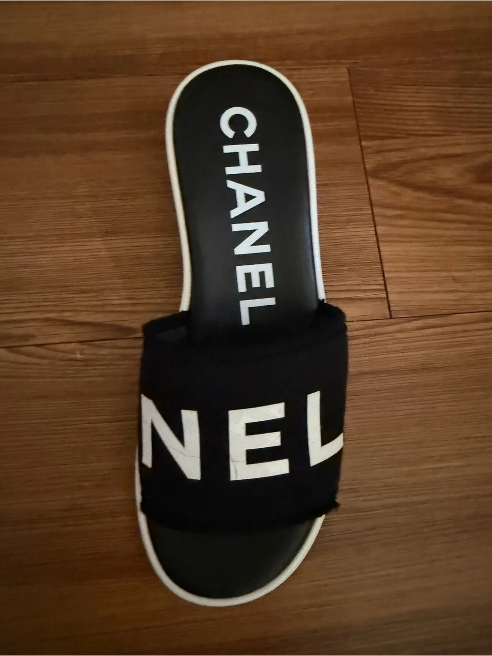 CHANEL 24C Black White CHA NEL Letter Logo Mule Slide Block Heel Sandal Size 36
